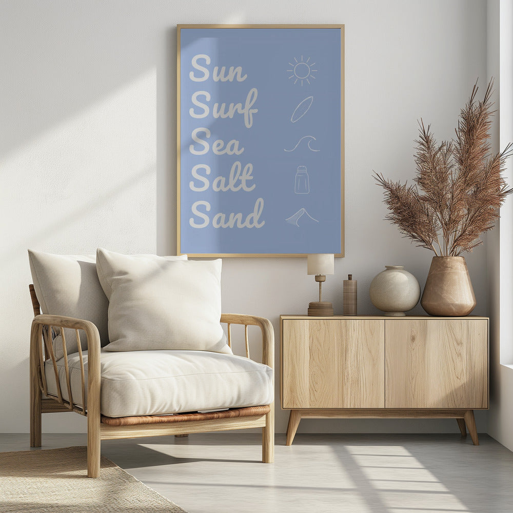 Zon, surf, zeezout, zand, lichtblauw | Poster