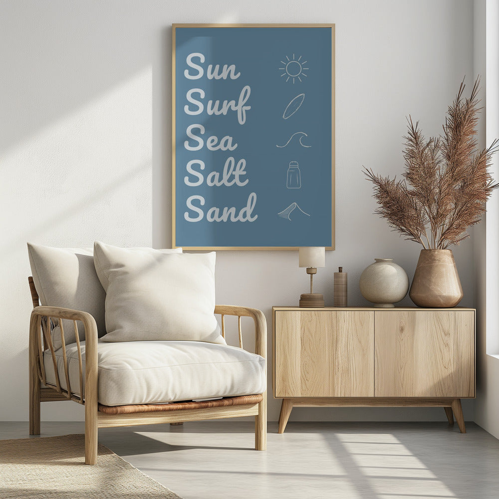 Zon, surf, zeezout, zand, donkerblauw | Poster