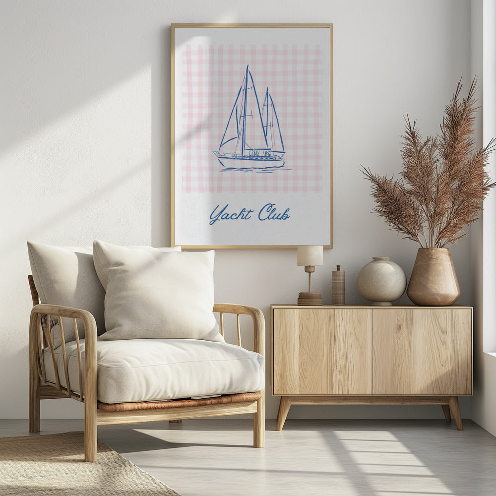 Minimalistische blauwe lijntekening van een jacht | Poster