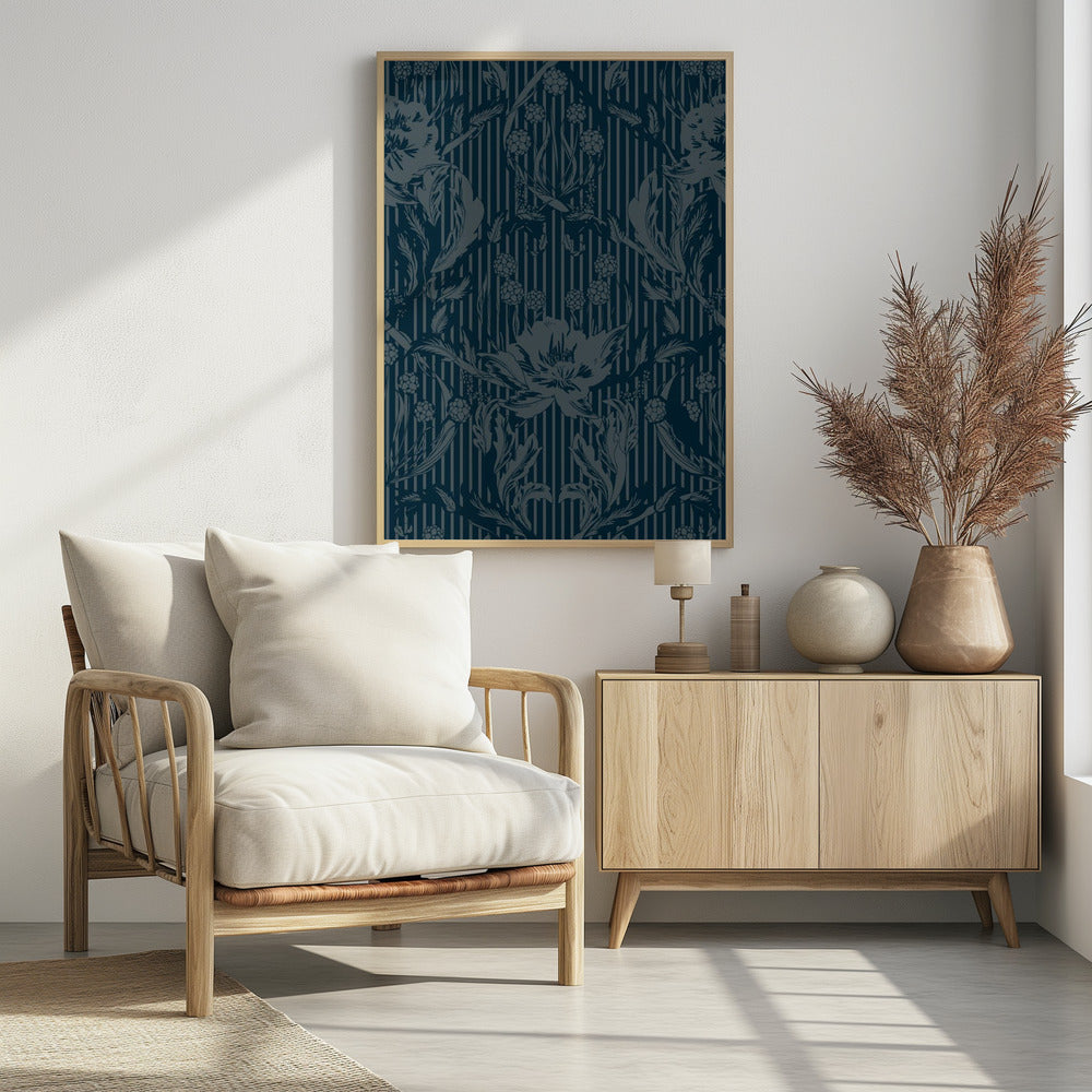 Floral Heritage Morris monochrome strepen maanlichtblauw patroon | Poster