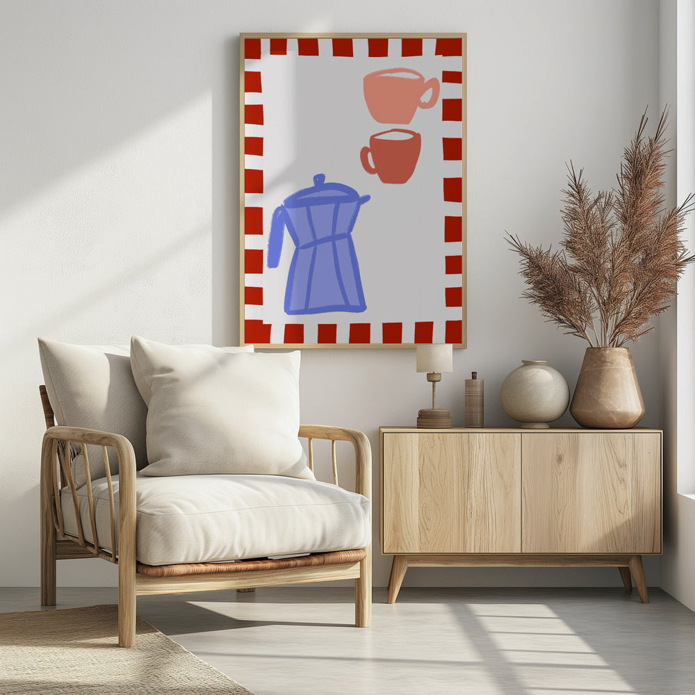 Minimalistische blauwe koffiepot en twee roze kopjes | Poster