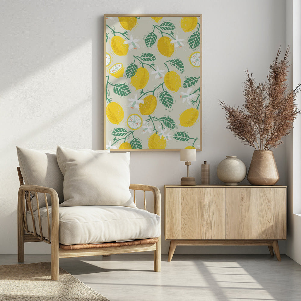 Gele citroen en groene bladeren | Poster