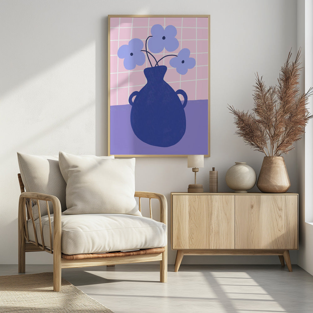 Minimalistische vaas met blauwe bloemen | Poster