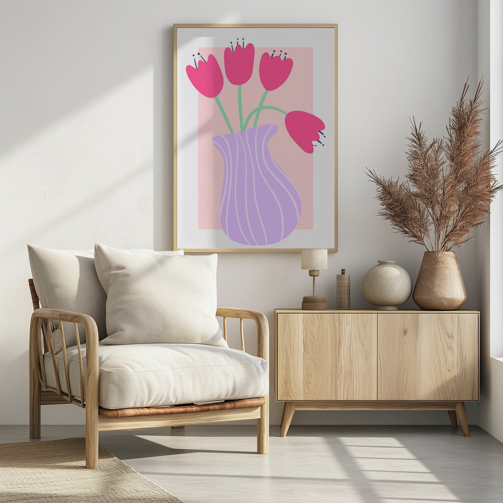 Levendige tulpen in een gestreepte lavendelvaas | Poster