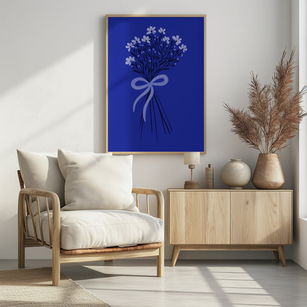Floral Bouquet With Bow - monochrome blue | Poster