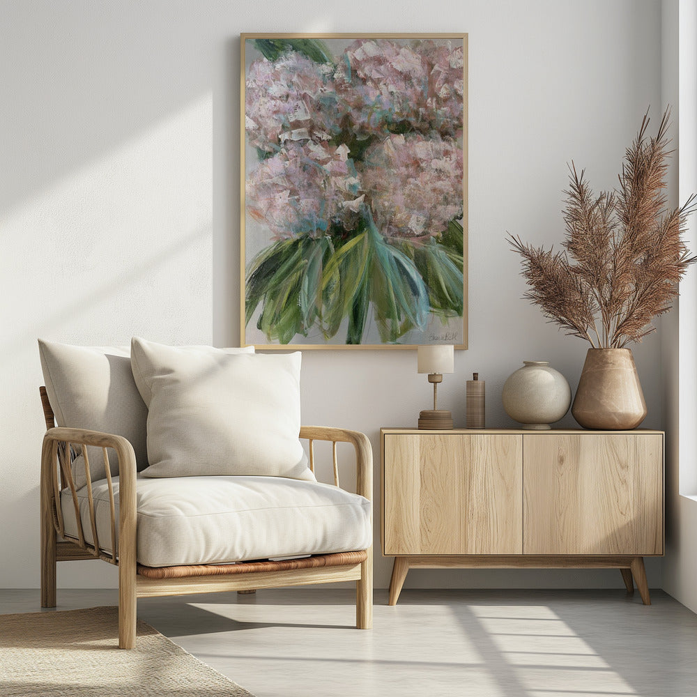 Roze hortensia's met groene bladeren | Poster