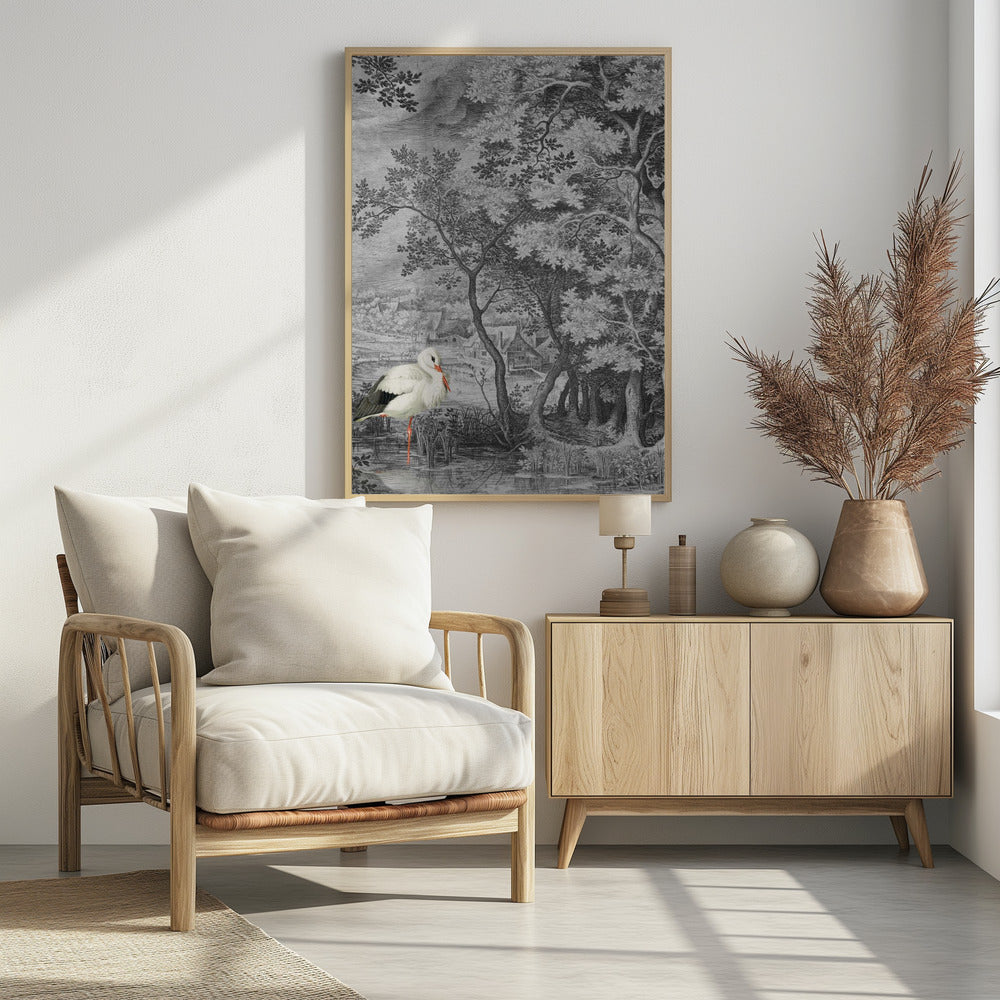 Vintage landschap met ooievaar | Poster