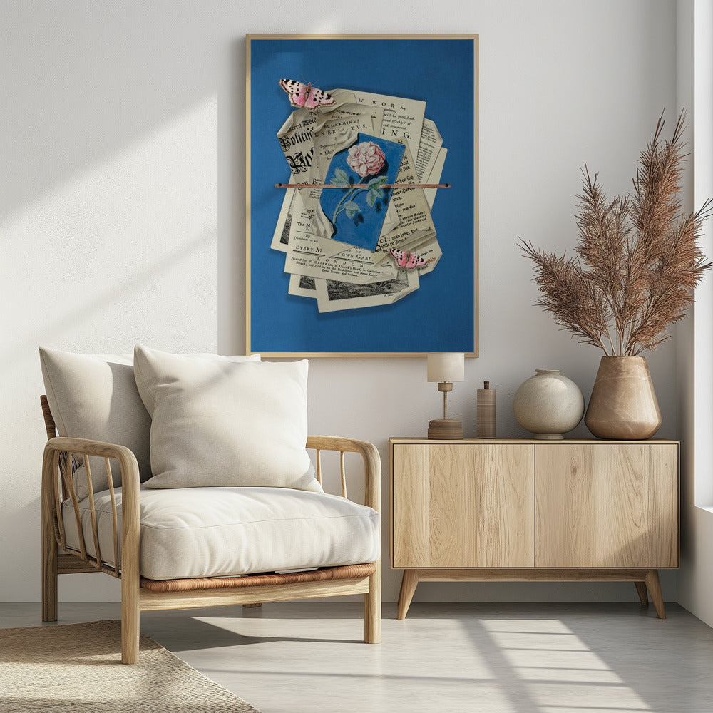 Roze roos omringd door vintage papier | Poster