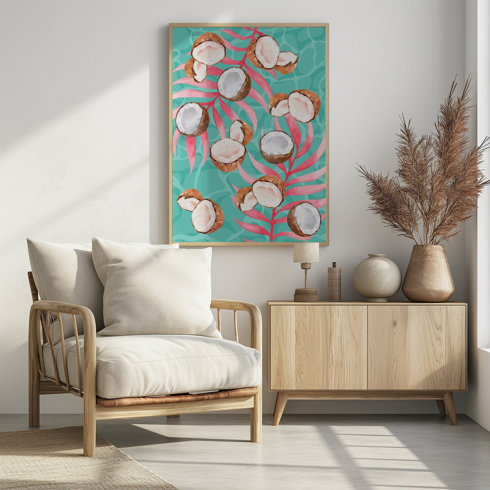 Pink Tropical Coconut & Palm Leaves Aesthetic Pattern - Modern watercolor | Poster