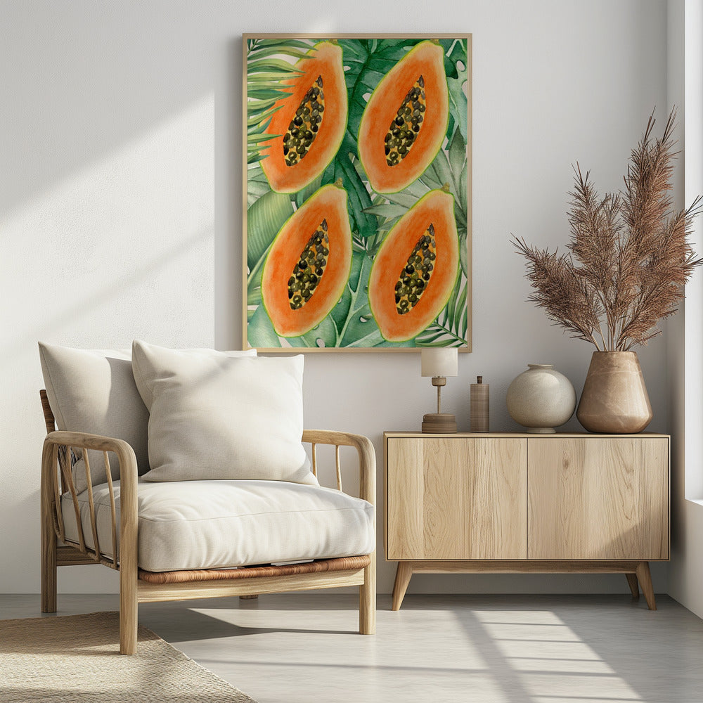 Exotische papaja en weelderige groene bladeren esthetisch patroon - Tropische botanische aquarel | Poster