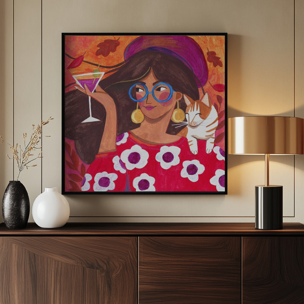 Modern Autumn portrait Woman with Cat | Poster