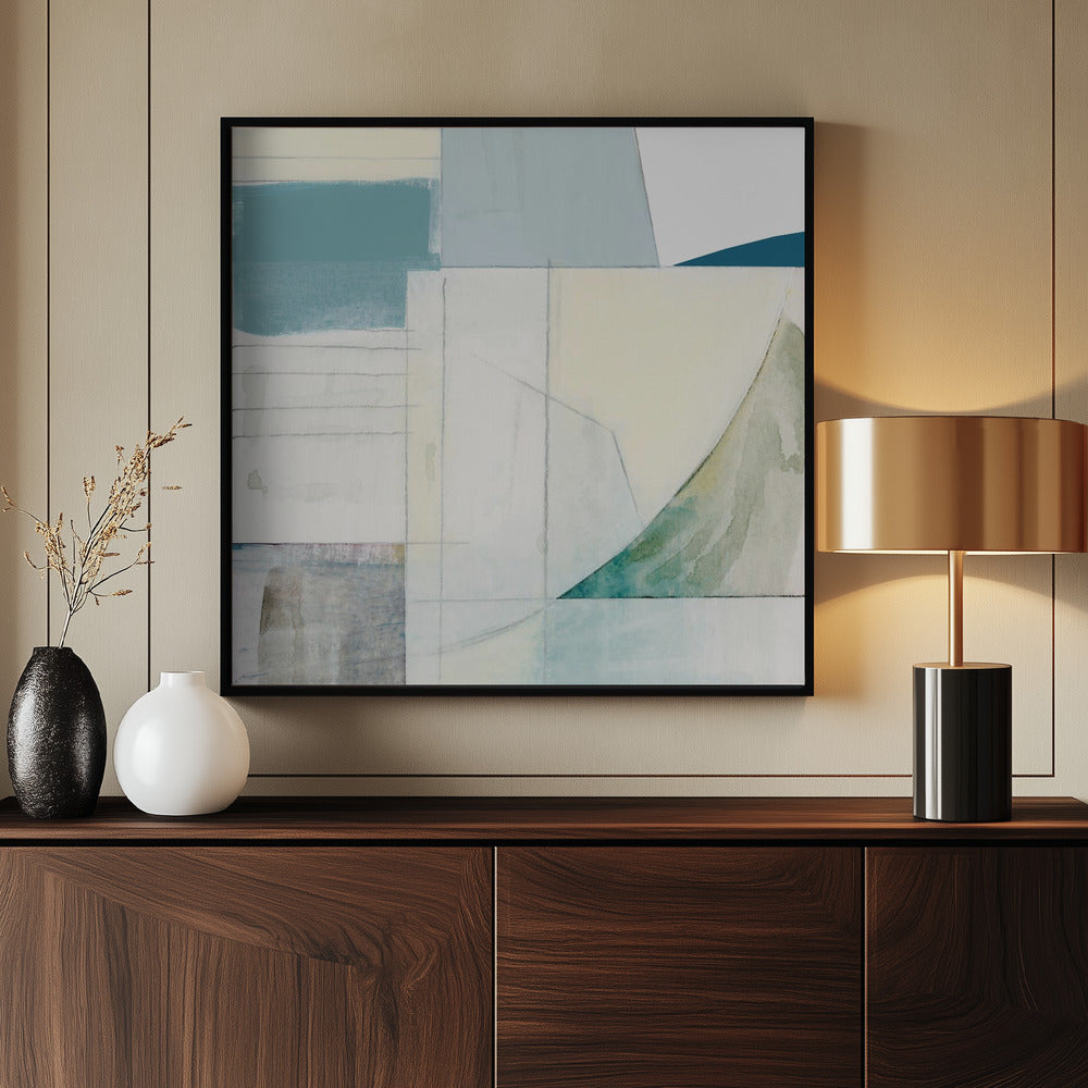 Abstracte blauwe en witte vormen, neutraal nr. 1 print | poster