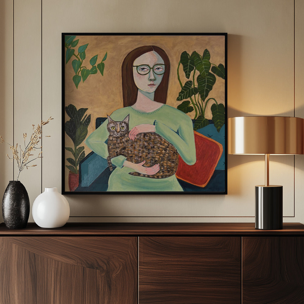 Dame met haar kat in de woonkamer | Poster