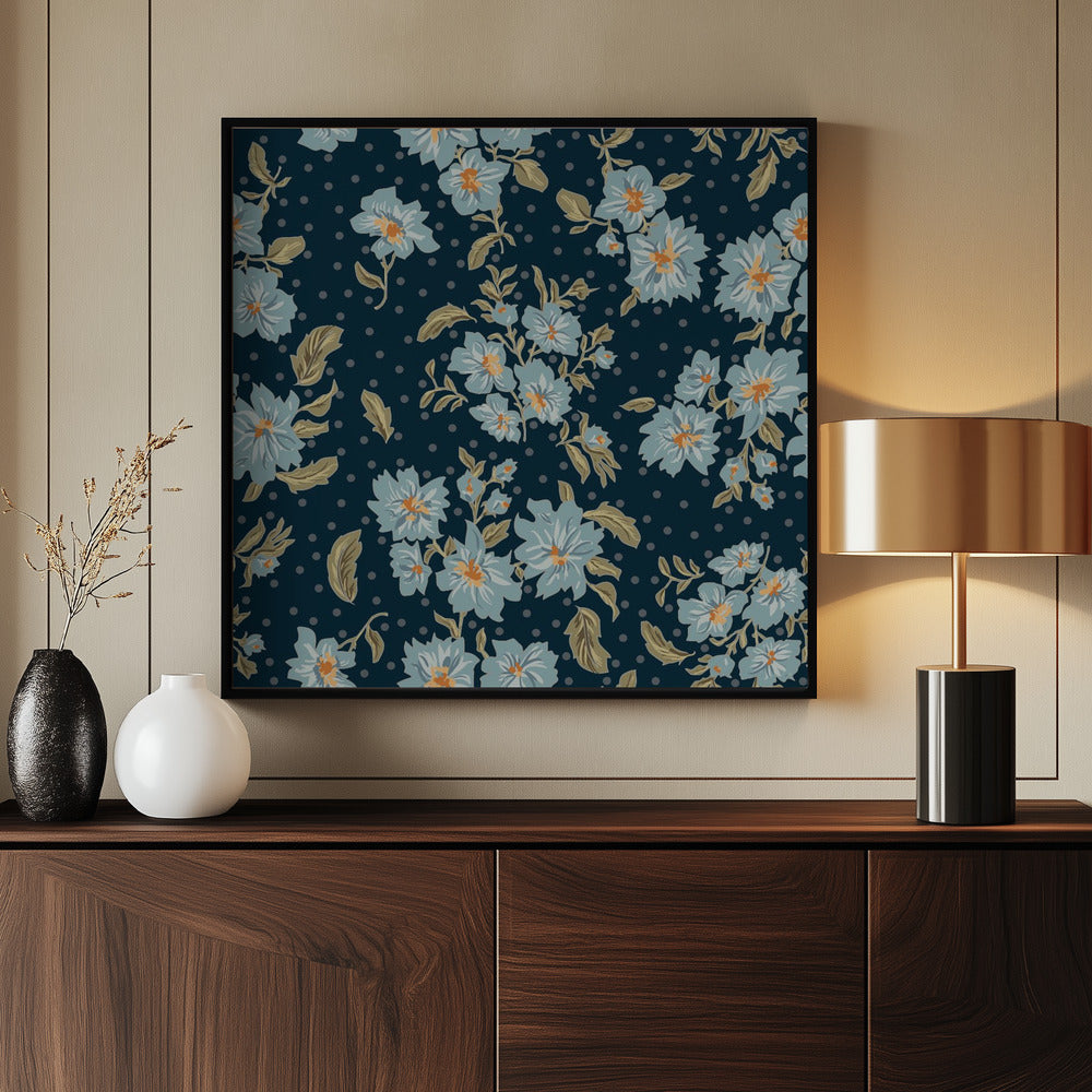 Floral Heritage boeket met maanlichtblauw patroon | Poster