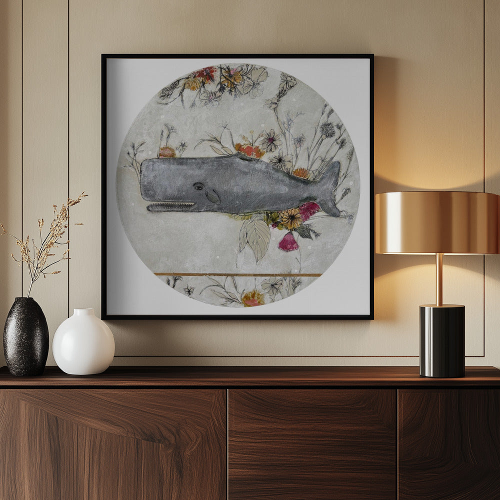 Walvis tegen een achtergrond van delicate bloemen | Poster