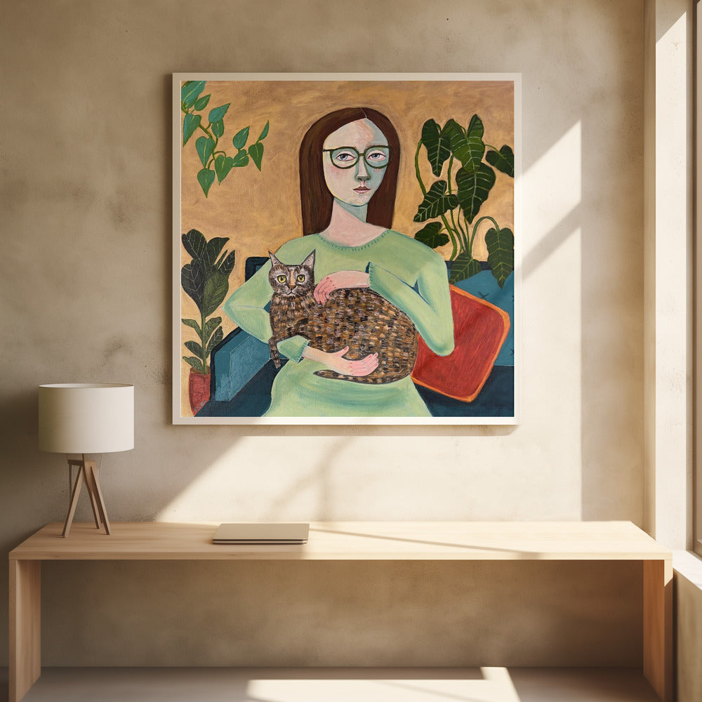 Dame met haar kat in de woonkamer | Poster