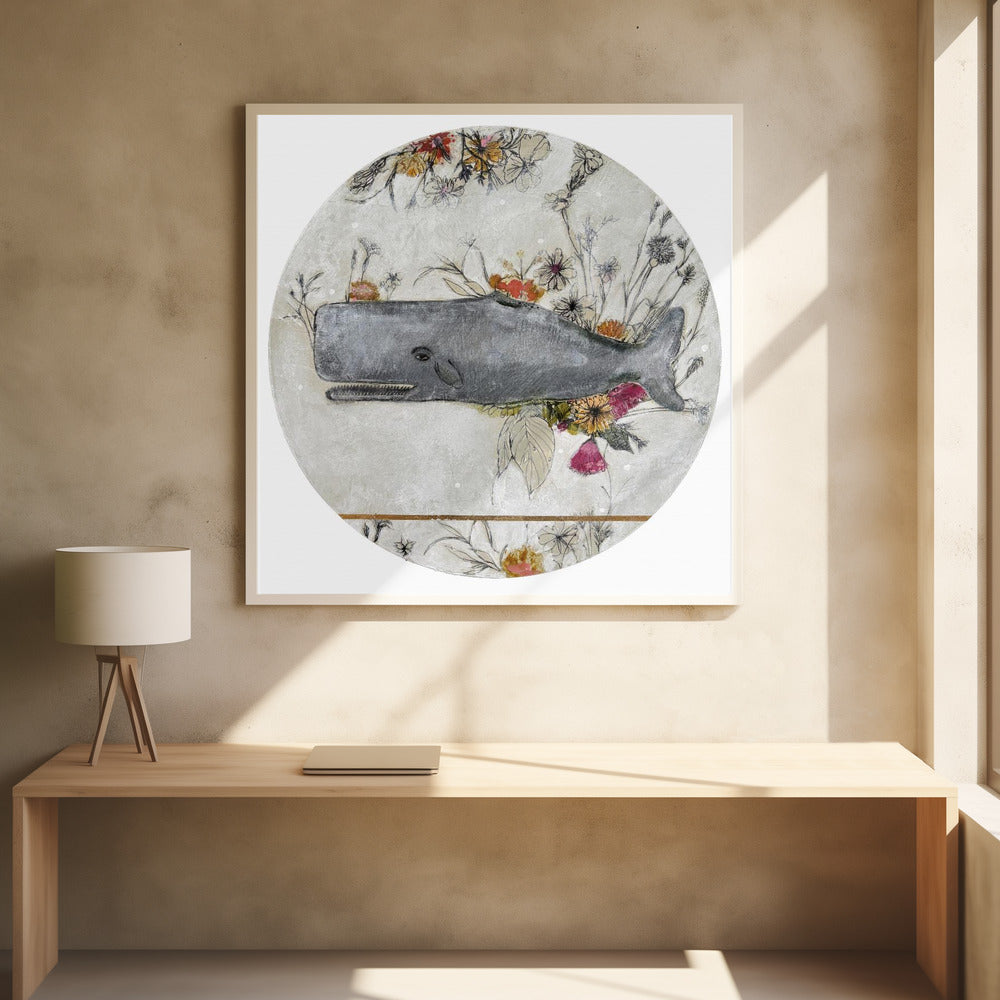 Walvis tegen een achtergrond van delicate bloemen | Poster