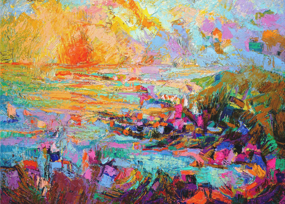 Zonsondergang boven een levendig landschap | Canvas