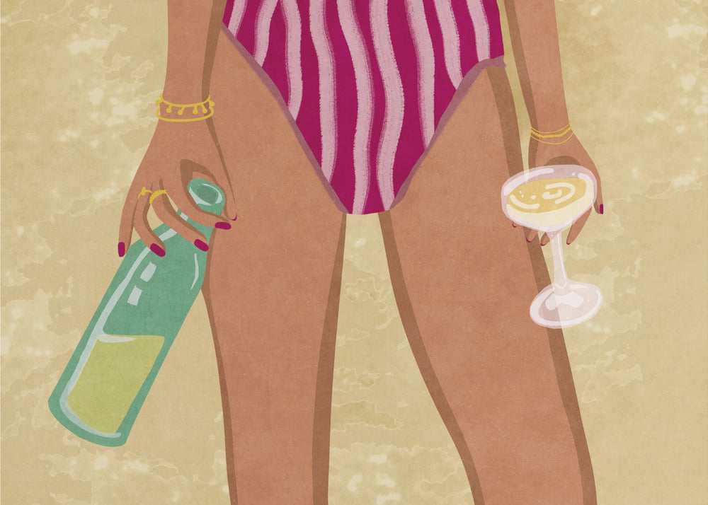 Meisje met wijn op het strand | Poster