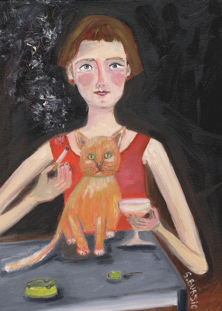 Vintage woman with cocktail and cat | Canvas