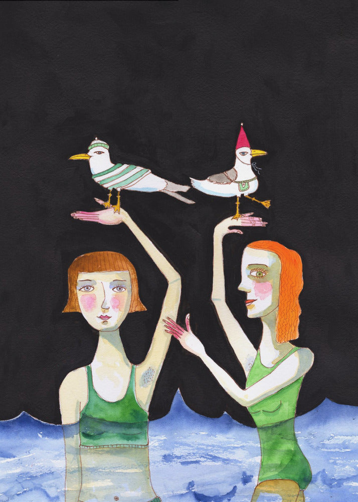 Beste vrienden zwemmen met vogels | Canvas