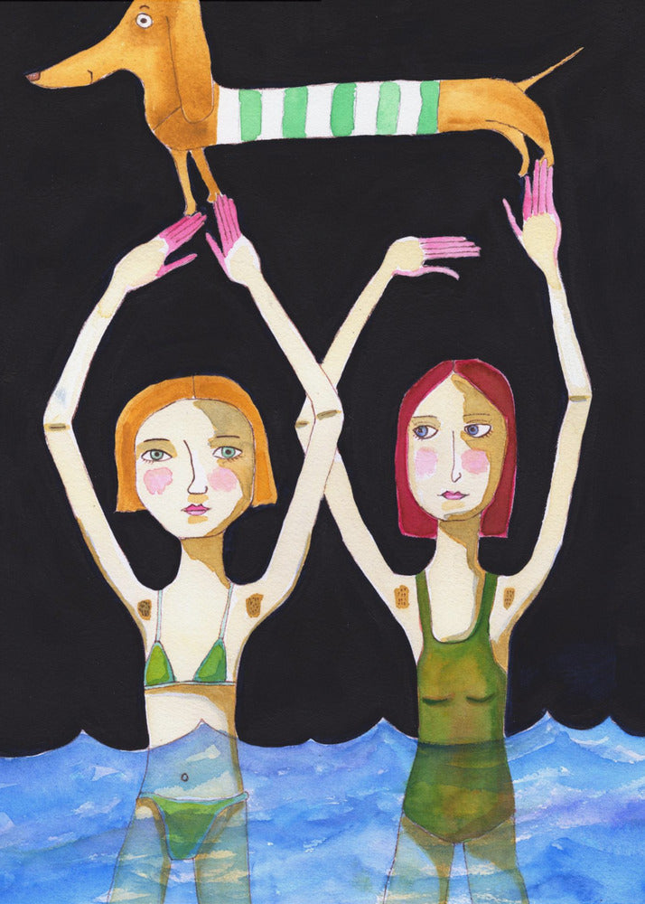 Zwemmende meisjes met teckel | Canvas