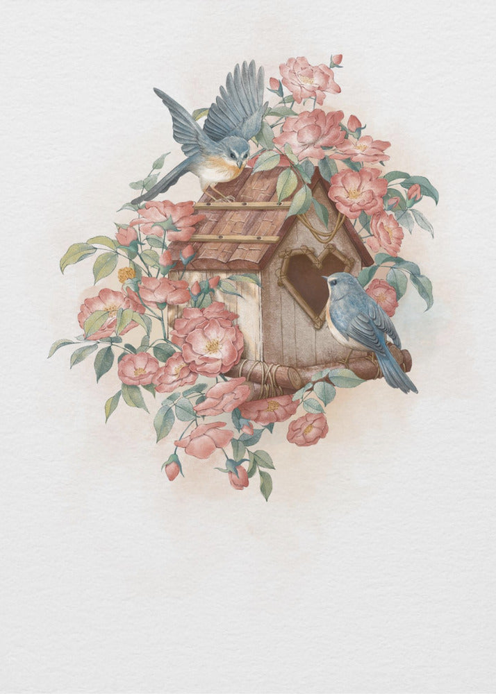 Vogelhuisje en roos | Canvas