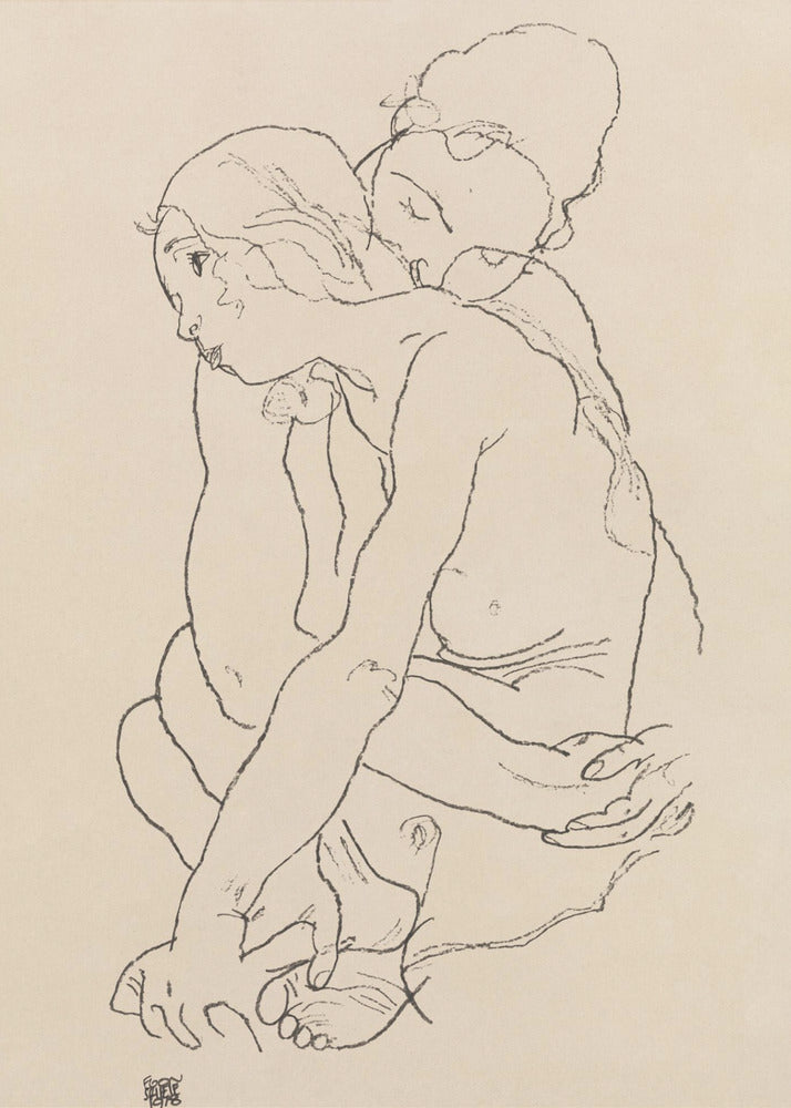 Vrouw en meisje omhelzen elkaar 1918 | Canvas