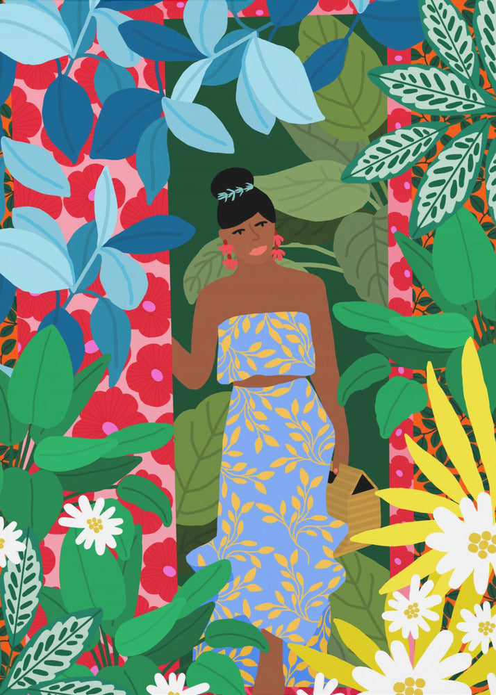 Vrouw in een jurk met bloemen | Canvas