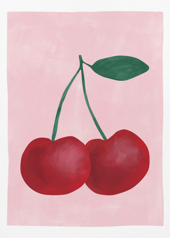 Rode kersen met een groen blad | Poster