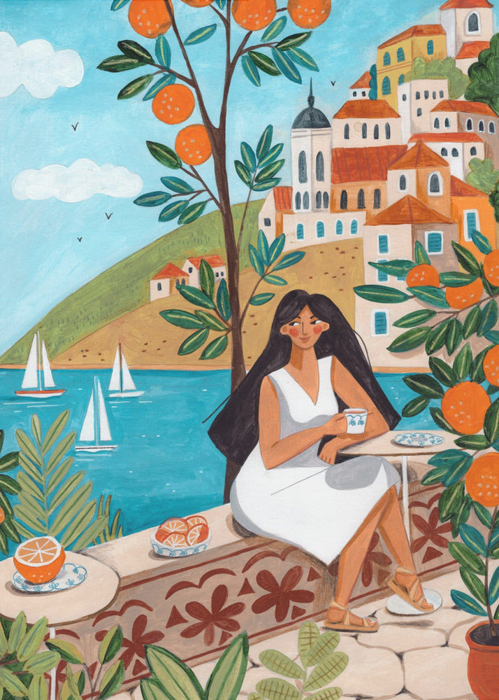 Travel poster woman in Mediterranean coast | Canvas