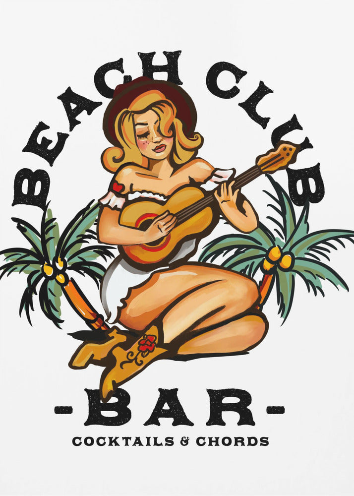 Beachclubbar. Pin-upgirl in Sailor Jerry-stijl speelt gitaar | Poster