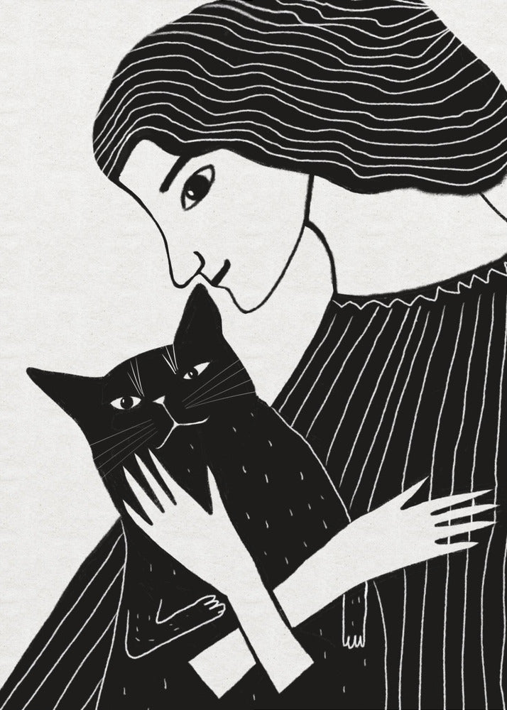Kattenvrouw met zwarte kat | Canvas