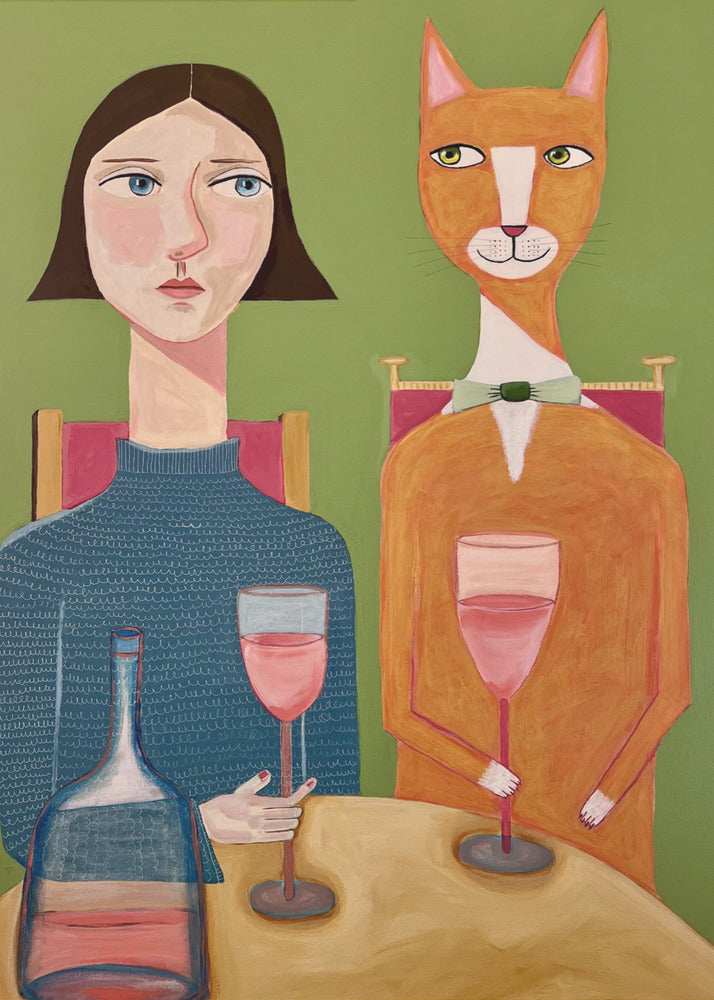 Dame en kat drinken wijn | Canvas