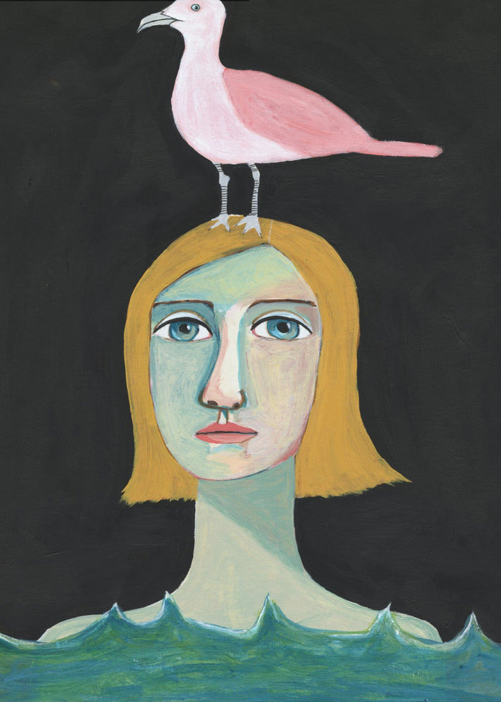 Zwemmend meisje met roze meeuw | Poster