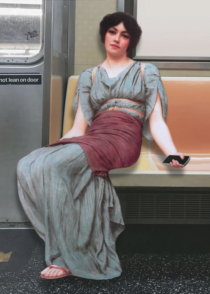 Een vrouw in antieke kledij zittend in een metro | Poster