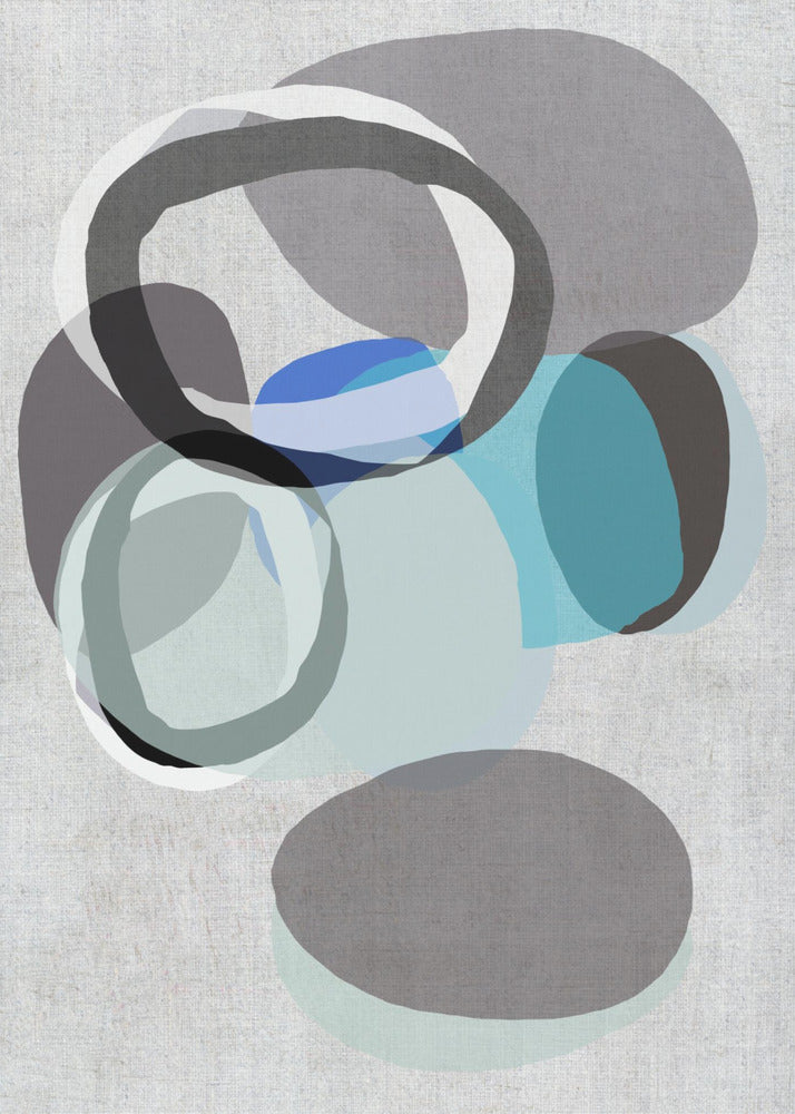 Abstracte vormen in blauw, grijs en zwarte ringen | Canvas