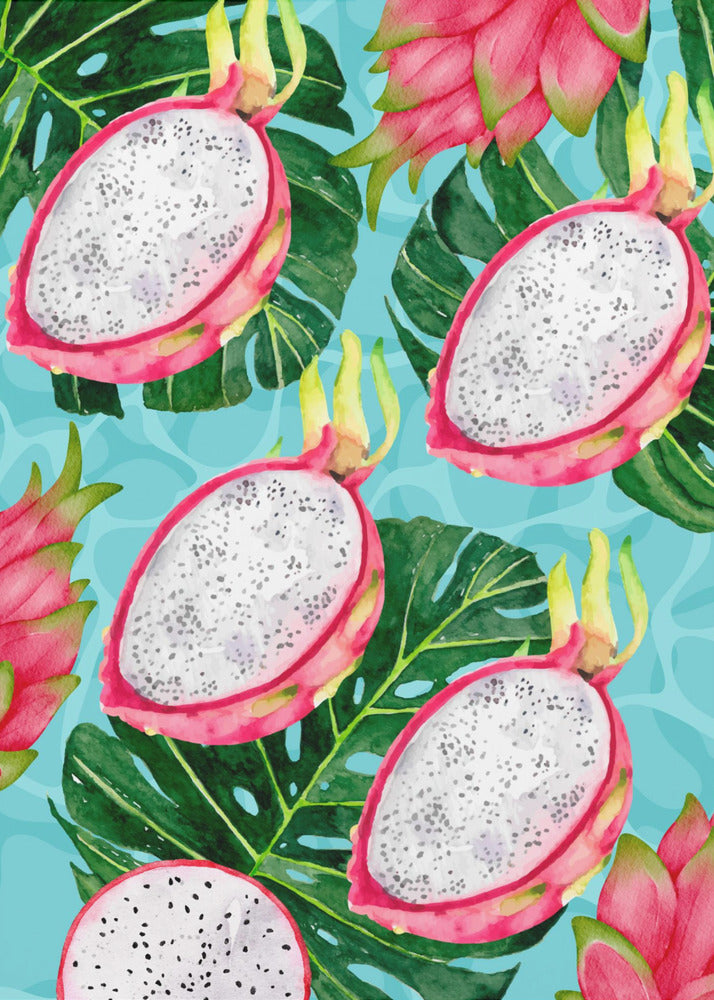 Levendig drakenfruit- en monsterabladerenesthetisch patroon - Exotische tropische aquarel | Poster