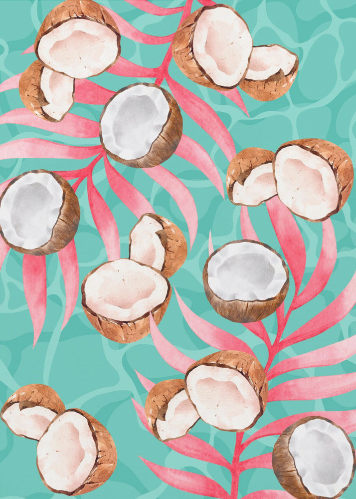 Pink Tropical Coconut & Palm Leaves Aesthetic Pattern - Modern watercolor | Poster