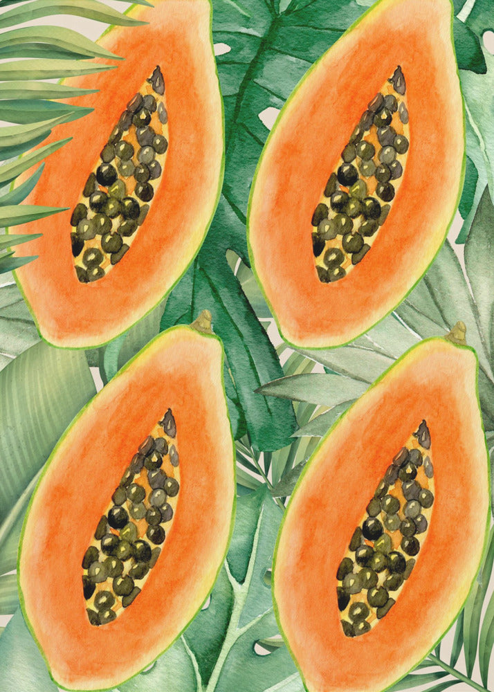Exotische papaja en weelderige groene bladeren esthetisch patroon - Tropische botanische aquarel | Poster