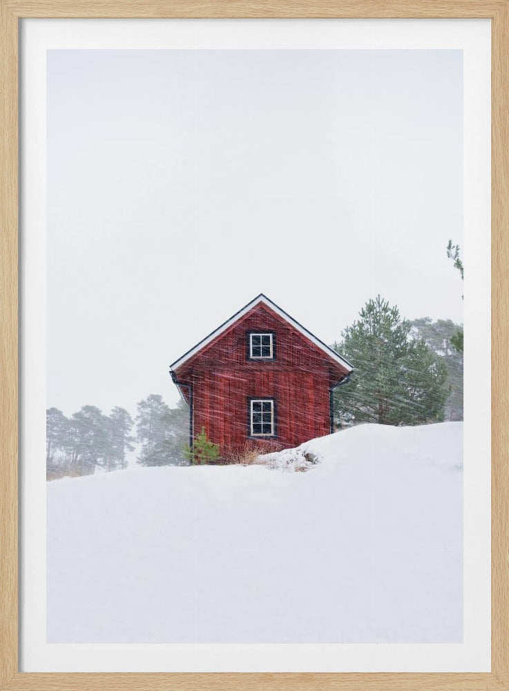 Oud rood huis tijdens sneeuwstorm | Poster