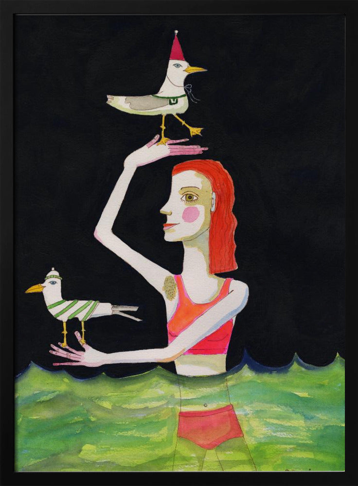 Swimming Lady with birds | Poster