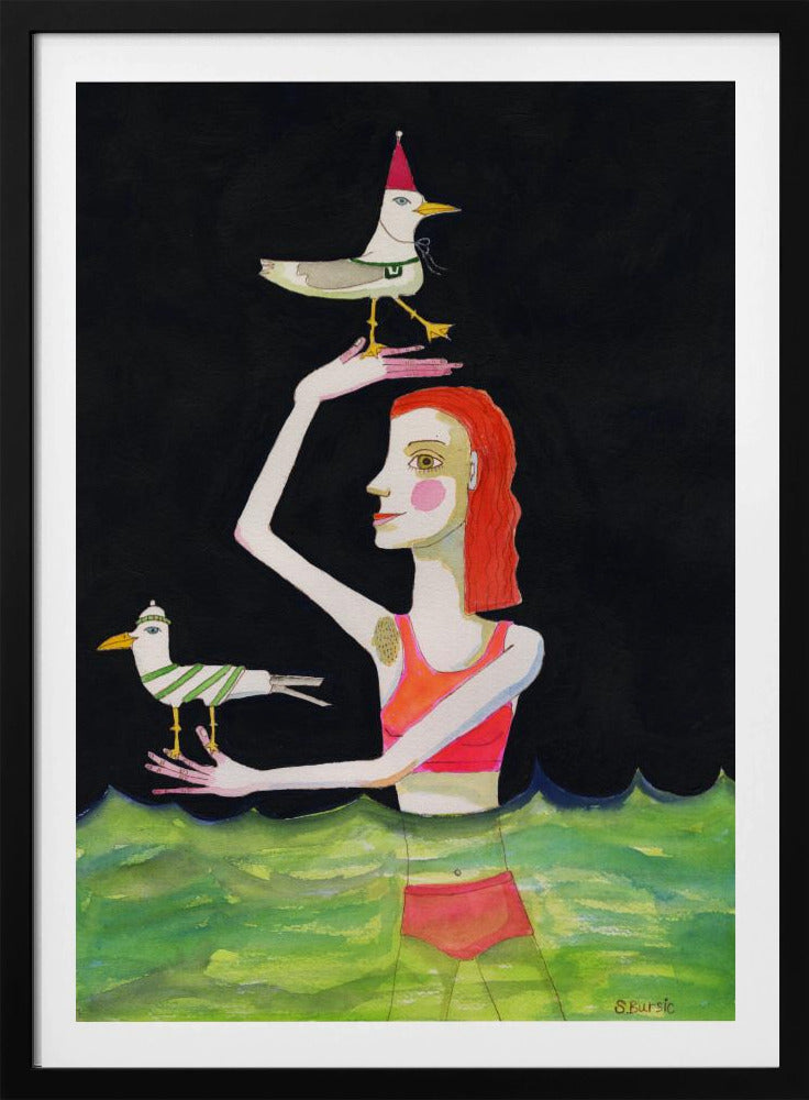 Swimming Lady with birds | Poster