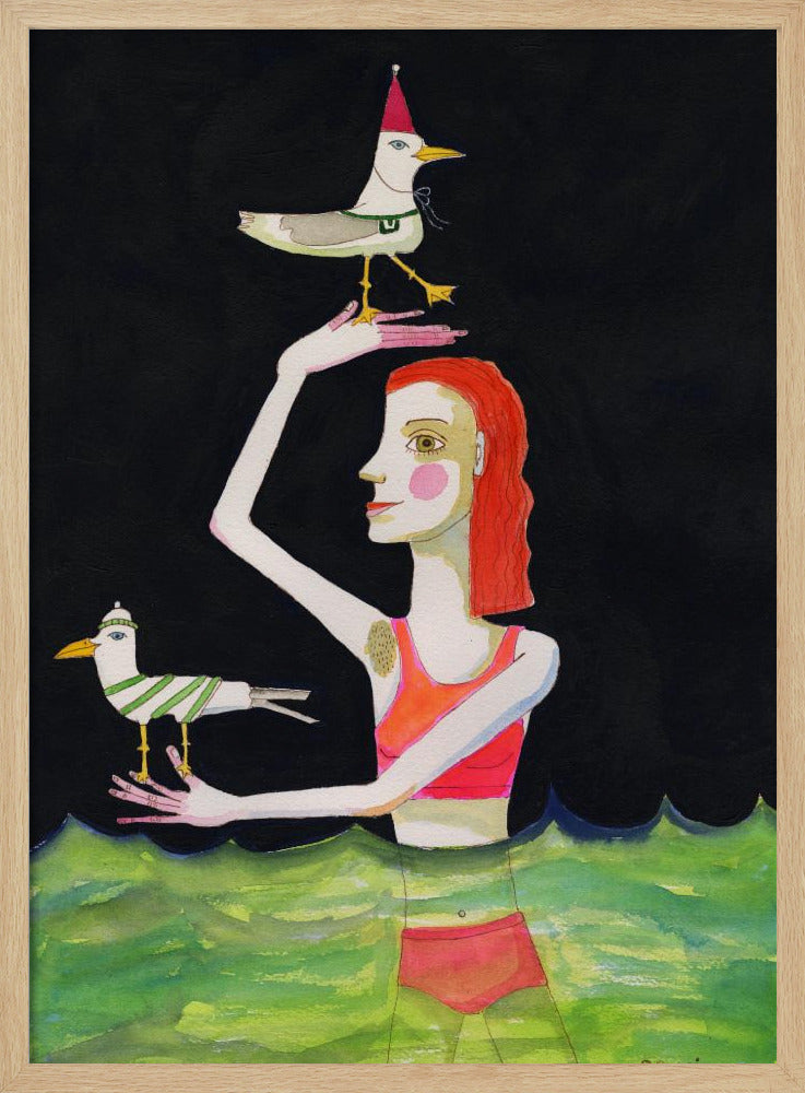 Swimming Lady with birds | Poster