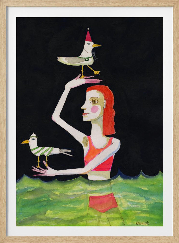 Swimming Lady with birds | Poster