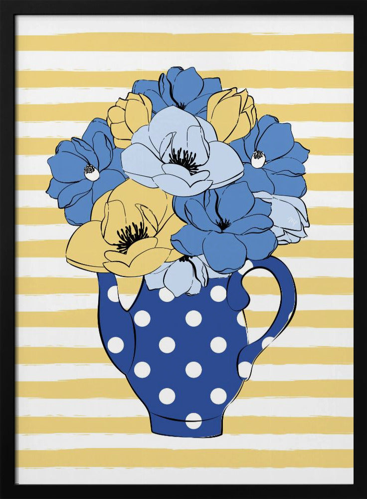 Blauwe en gele bloemen in een stippenvaas | Poster