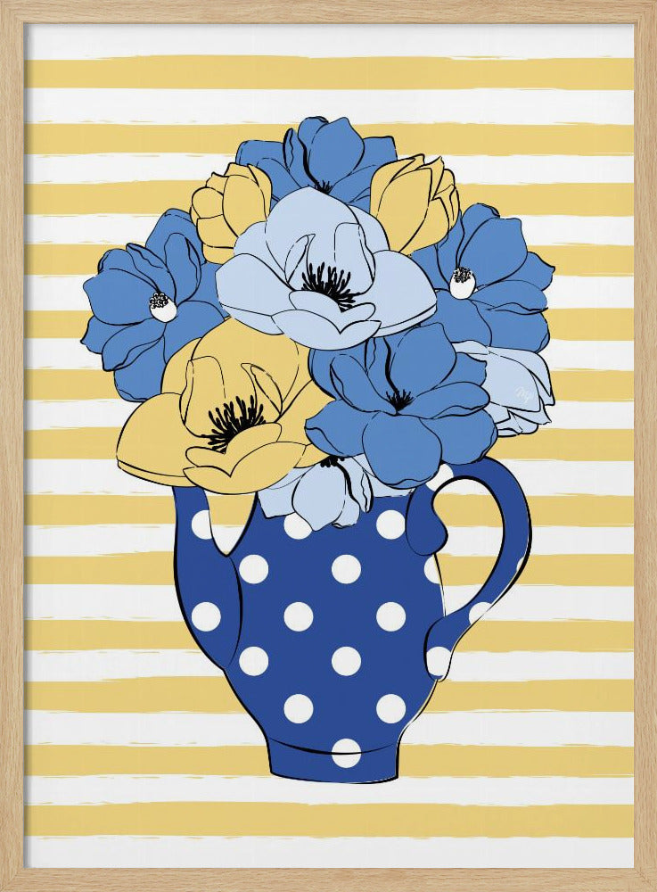 Blauwe en gele bloemen in een stippenvaas | Poster