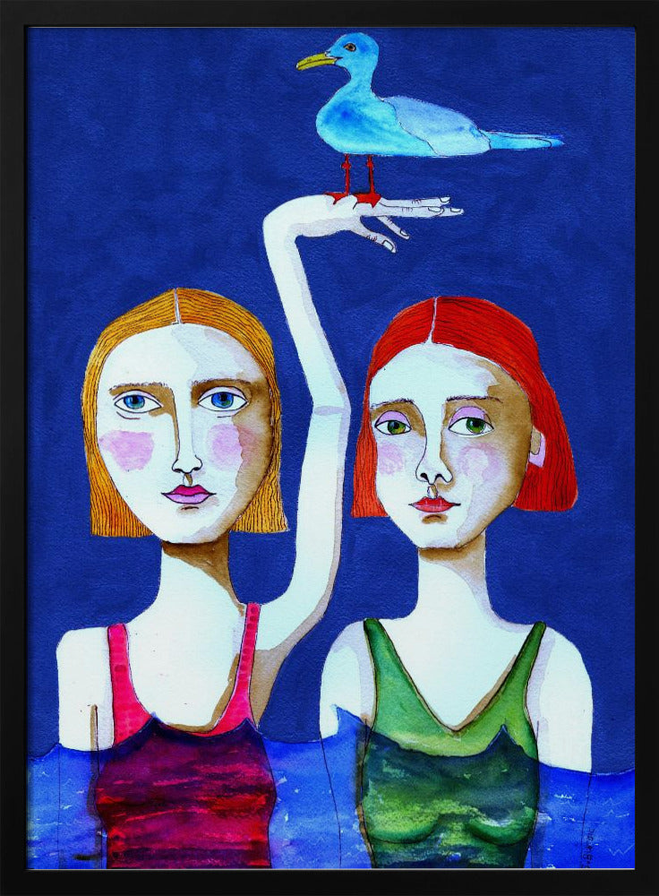 Zwemmende dames met blauwe vogel | Poster