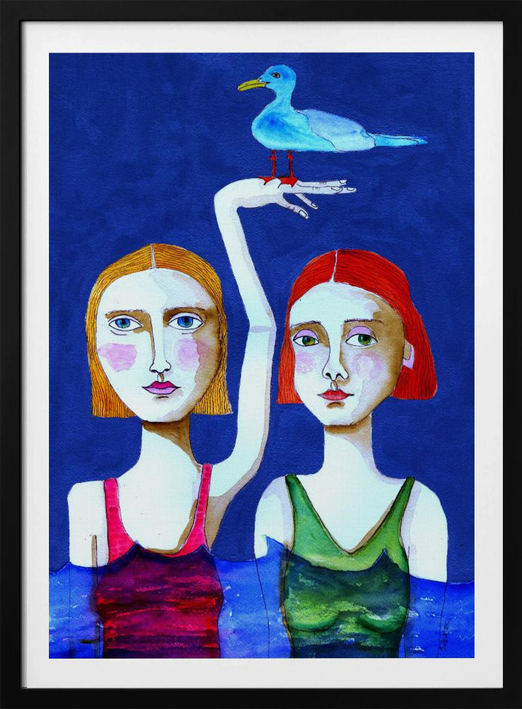 Zwemmende dames met blauwe vogel | Poster