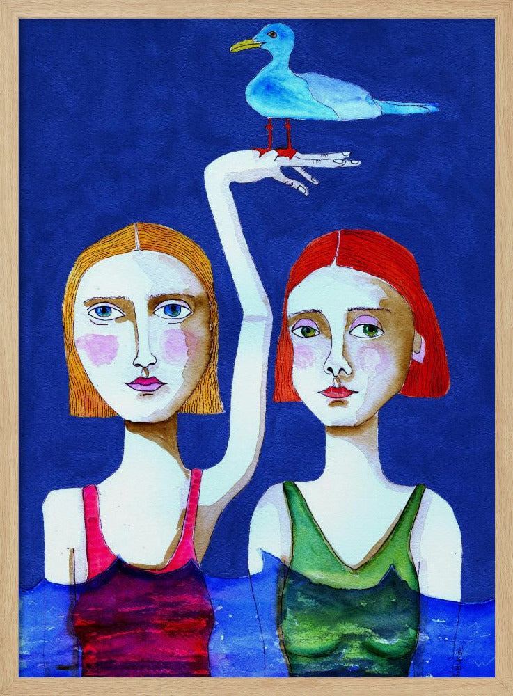 Zwemmende dames met blauwe vogel | Poster